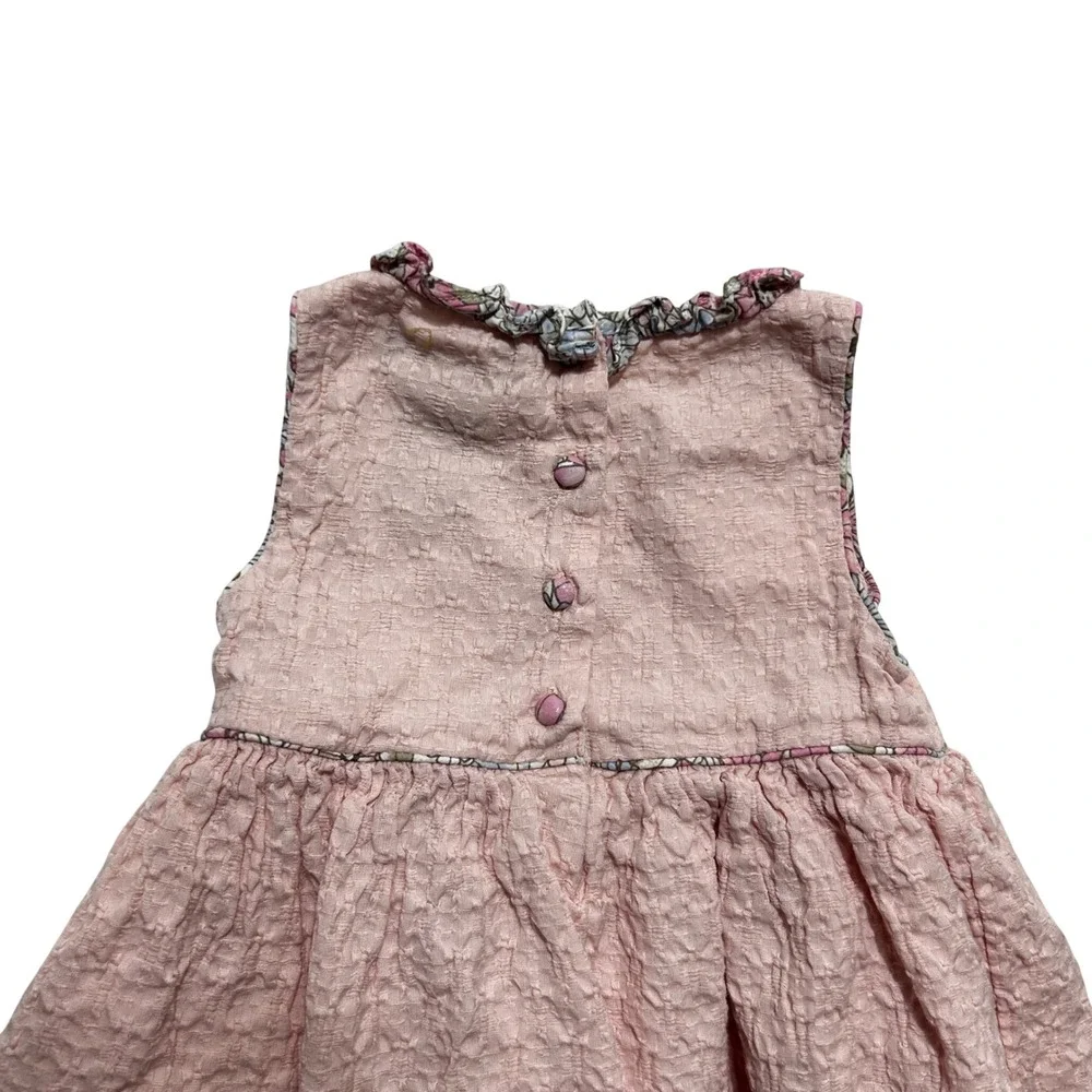 Cynthia Rowley Girls Seersucker Dress 18M Pink Floral Trim Babydoll Cottagecore‎